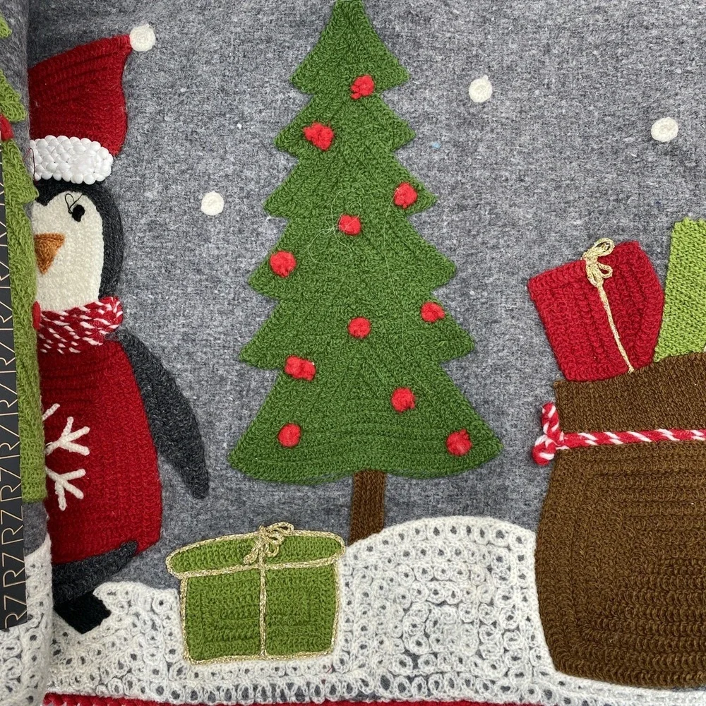 Rachel Zoe Table Runner Christmas Penguins Santa Embroidered Charcoal Gray Wool